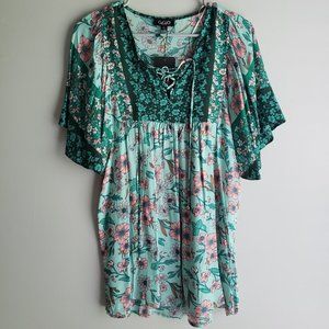 GiGio flowy floral turquoise top NWT